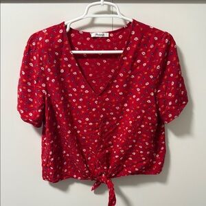 Madewell Red Flowy Sleeve Crop Blouse Tie Front
